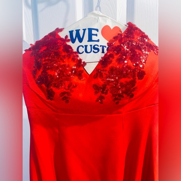 Ruby Red Minimal Glitter Sparkle Sequin Open Back Prom evening dress train gown - Picture 5 of 8